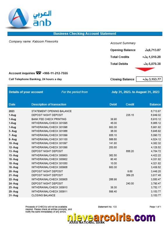 Arab National Bank company checking account statement